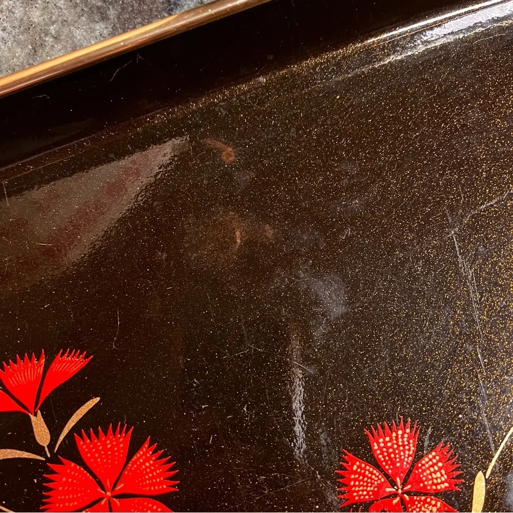 Toyo Black Plastic Tray w/ Red Flower Graphics Gold Trim Asian Faux Lacquerware